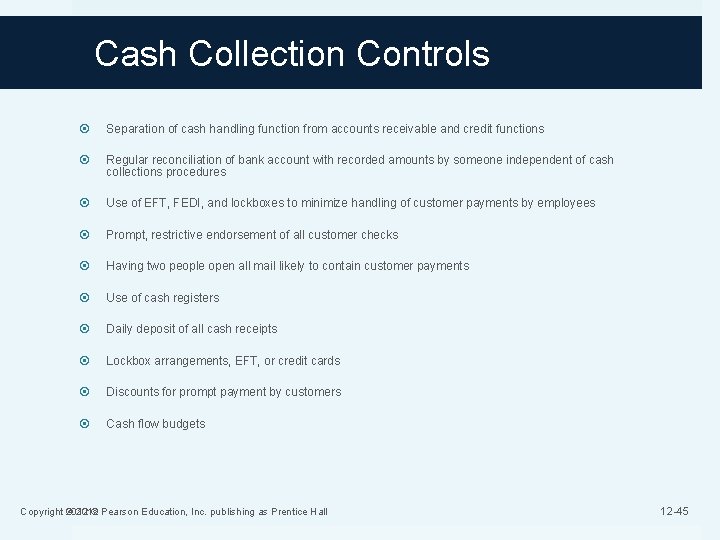 Cash Collection Controls Separation of cash handling function from accounts receivable and credit functions