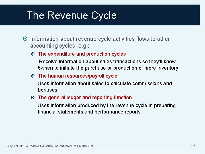 The Revenue Cycle Information about revenue cycle activities flows to other accounting cycles, e.