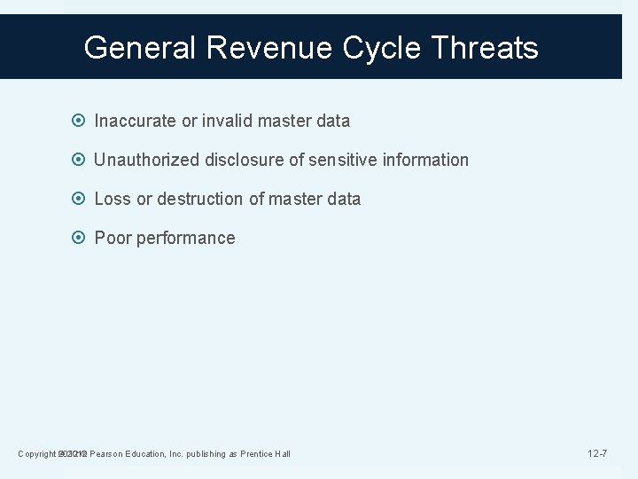 General Revenue Cycle Threats Inaccurate or invalid master data Unauthorized disclosure of sensitive information