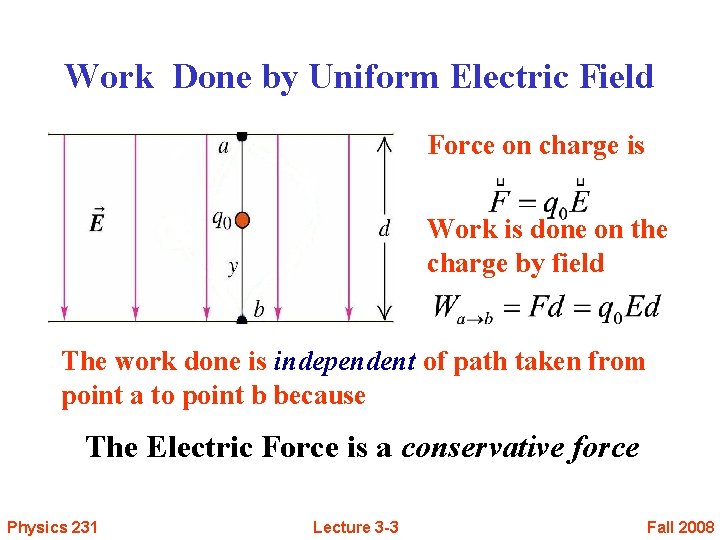 Work Done by Uniform Electric Field Force on charge is Work is done on