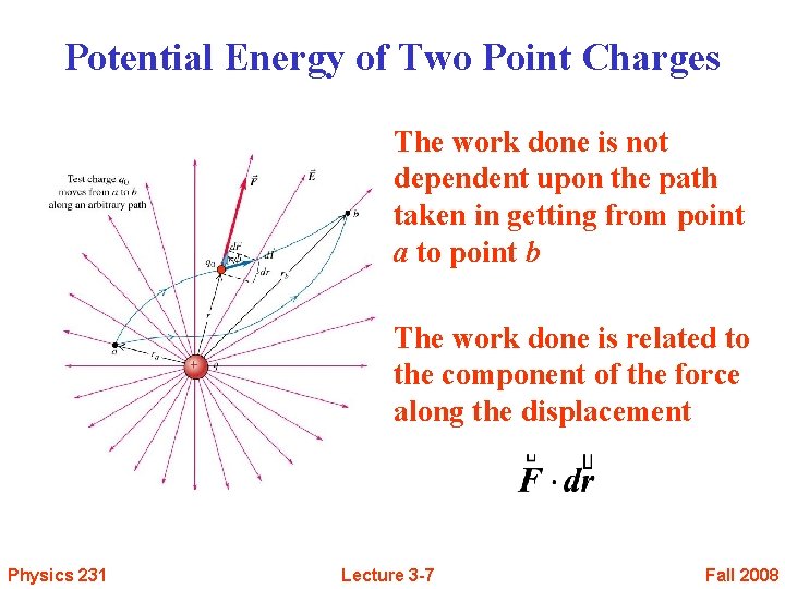 Potential Energy of Two Point Charges The work done is not dependent upon the