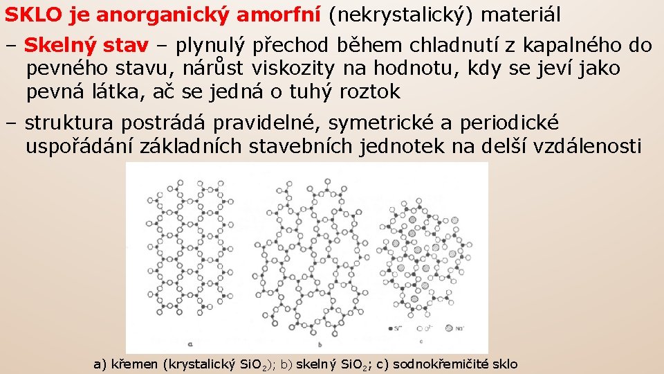 SKLO je anorganický amorfní (nekrystalický) materiál – Skelný stav – plynulý přechod během chladnutí