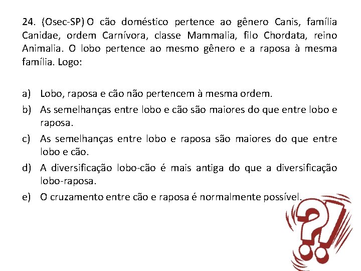 24. (Osec-SP) O cão doméstico pertence ao gênero Canis, família Canidae, ordem Carnívora, classe