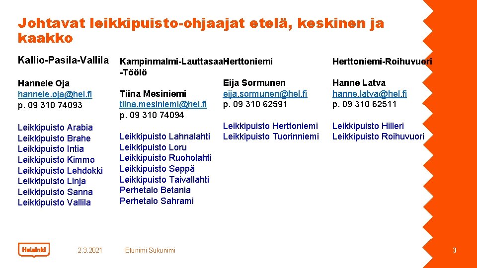 Johtavat leikkipuisto-ohjaajat etelä, keskinen ja kaakko Kallio-Pasila-Vallila Hannele Oja hannele. oja@hel. fi p. 09