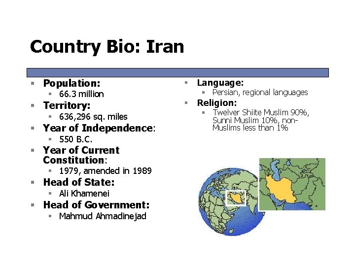 Country Bio: Iran § Population: § Language: § Territory: § Religion: § 66. 3