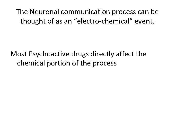 The Neuronal communication process can be thought of as an “electro-chemical” event. Most Psychoactive