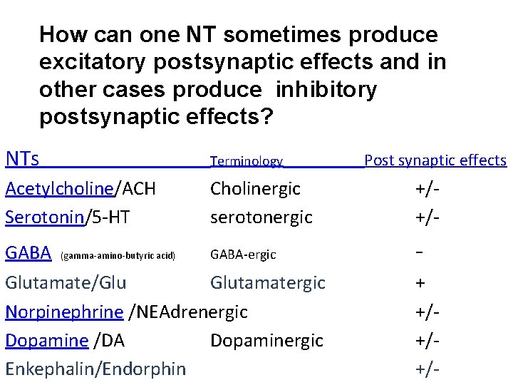 How can one NT sometimes produce excitatory postsynaptic effects and in other cases produce