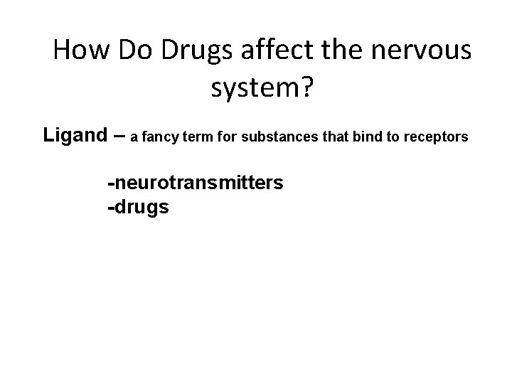 How Do Drugs affect the nervous system? Ligand – a fancy term for substances