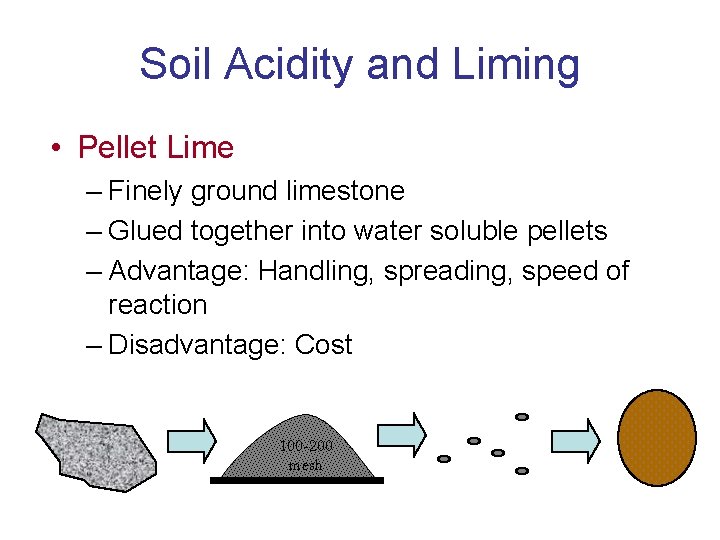 Soil Acidity and Liming • Pellet Lime – Finely ground limestone – Glued together