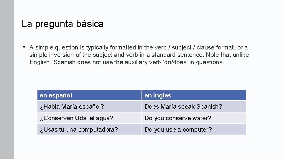 La pregunta básica • A simple question is typically formatted in the verb /