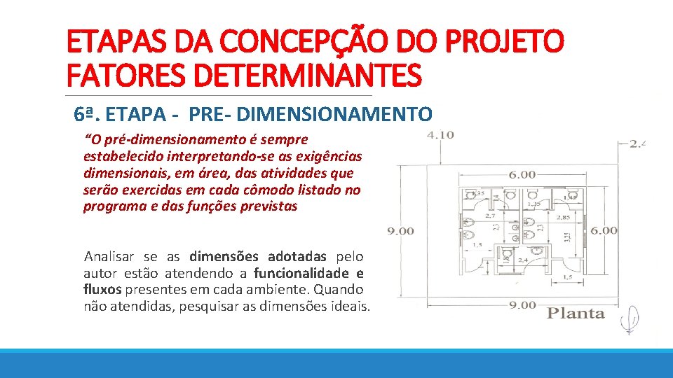 ETAPAS DA CONCEPÇÃO DO PROJETO FATORES DETERMINANTES 6ª. ETAPA - PRE- DIMENSIONAMENTO “O pré-dimensionamento ETAPAS DA CONCEPÇÃO DO PROJETO FATORES DETERMINANTES 6ª. ETAPA - PRE- DIMENSIONAMENTO “O pré-dimensionamento