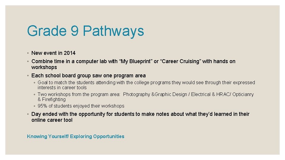 Grade 9 Pathways ◦ New event in 2014 ◦ Combine time in a computer