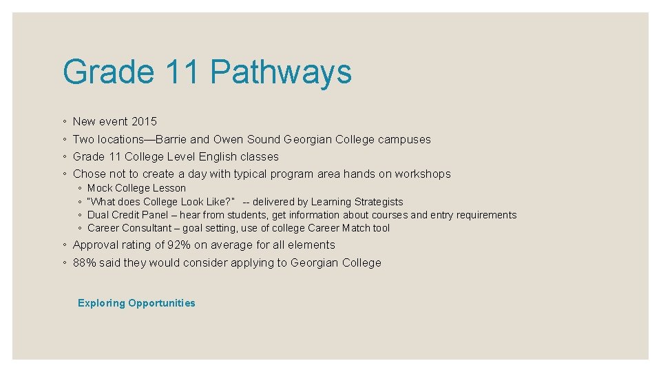 Grade 11 Pathways ◦ ◦ New event 2015 Two locations—Barrie and Owen Sound Georgian