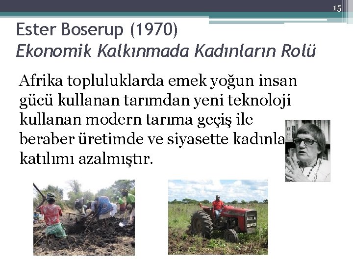 15 Ester Boserup (1970) Ekonomik Kalkınmada Kadınların Rolü Afrika topluluklarda emek yoğun insan gücü