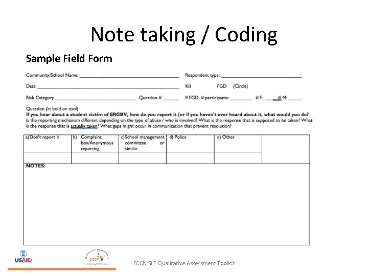 Note taking / Coding Sample Field Form ECCN SLE Qualitative Assessment Toolkit 