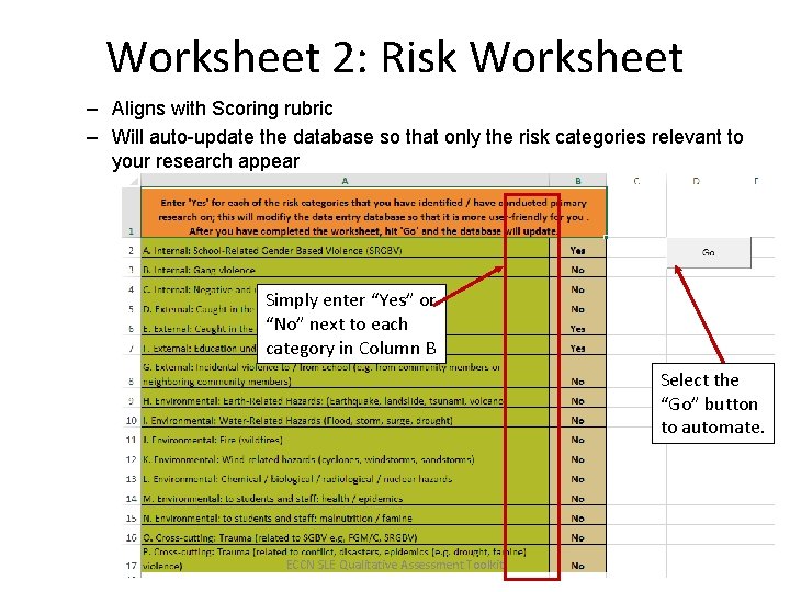 Worksheet 2: Risk Worksheet – Aligns with Scoring rubric – Will auto-update the database