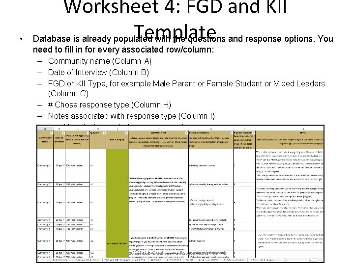  • Worksheet 4: FGD and KII Template Database is already populated with the