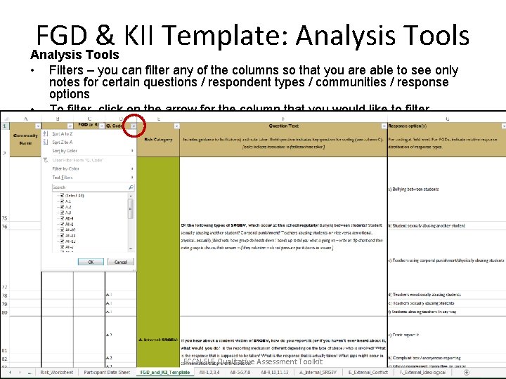 FGD & KII Template: Analysis Tools • • Filters – you can filter any