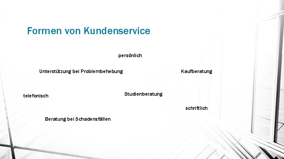 Formen von Kundenservice persönlich Unterstützung bei Problembehebung telefonisch Kaufberatung Studienberatung schriftlich Beratung bei Schadensfällen Formen von Kundenservice persönlich Unterstützung bei Problembehebung telefonisch Kaufberatung Studienberatung schriftlich Beratung bei Schadensfällen