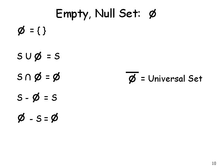 Empty, Null Set: ={} SU =S S = U S- = Universal Set =S