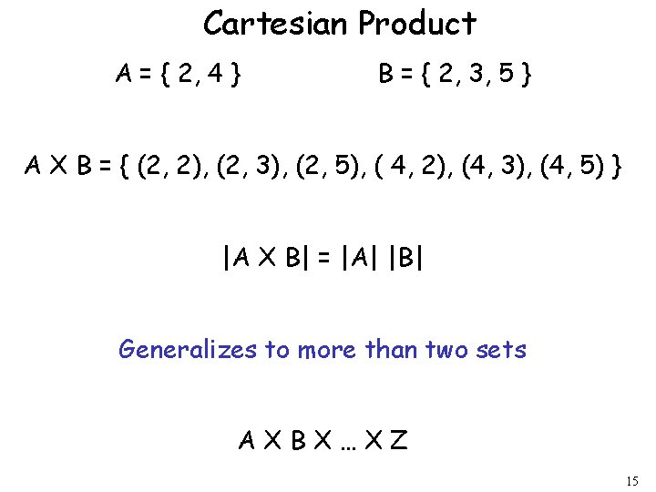 Cartesian Product A = { 2, 4 } B = { 2, 3, 5