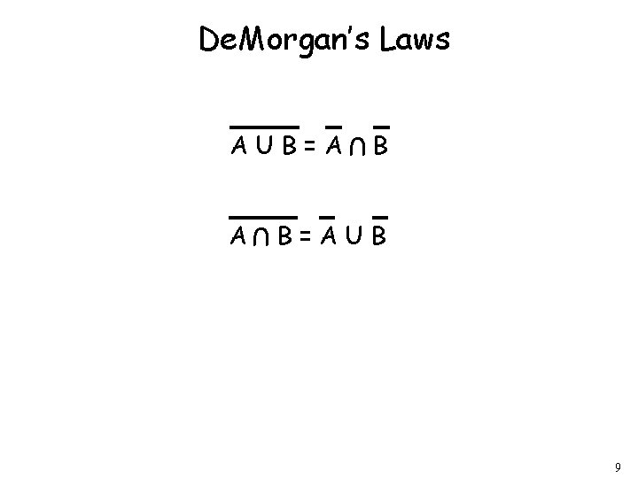 De. Morgan’s Laws U AUB=A B B=AUB 9 