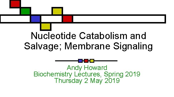 Nucleotide Catabolism and Salvage; Membrane Signaling Andy Howard Biochemistry Lectures, Spring 2019 Thursday 2