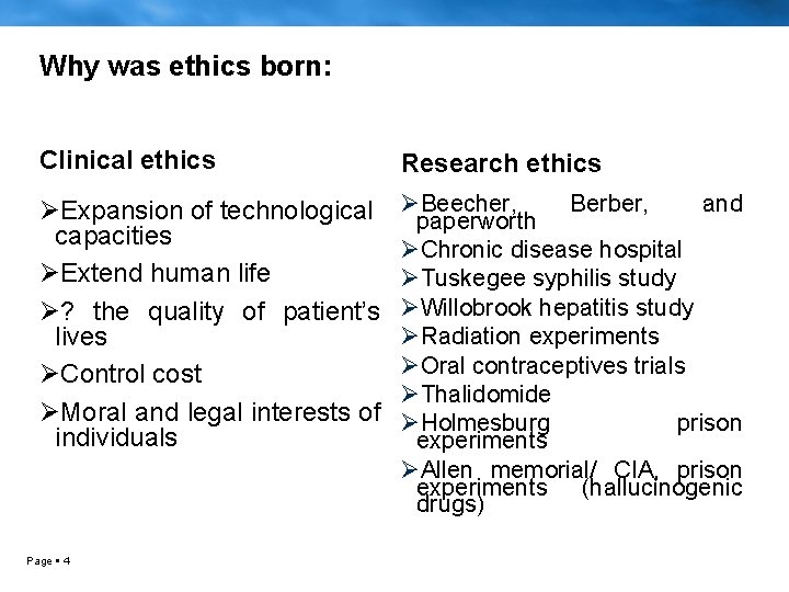 Why was ethics born: Clinical ethics Research ethics ØExpansion of technological capacities ØExtend human
