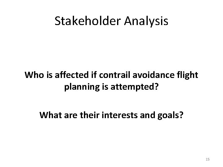 Stakeholder Analysis Who is affected if contrail avoidance flight planning is attempted? What are