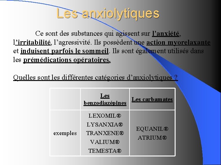 Les anxiolytiques Ce sont des substances qui agissent sur l’anxiété, l’irritabilité, l’agressivité. Ils possèdent