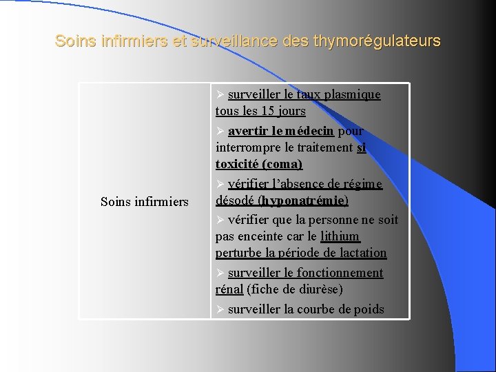 Soins infirmiers et surveillance des thymorégulateurs Ø surveiller le taux plasmique Soins infirmiers tous