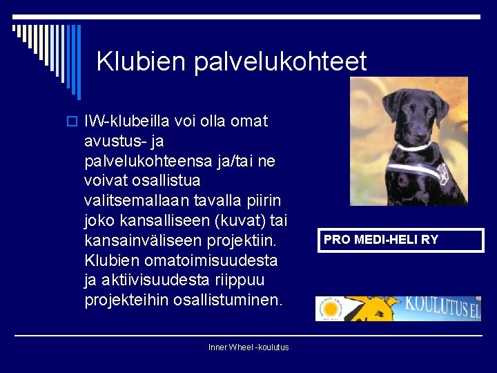 Klubien palvelukohteet o IW-klubeilla voi olla omat avustus- ja palvelukohteensa ja/tai ne voivat osallistua