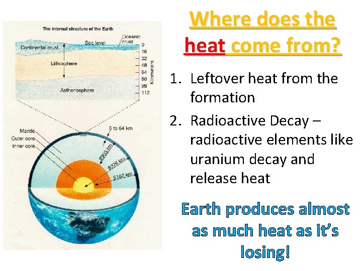 Where does the heat come from? 1. Leftover heat from the formation 2. Radioactive