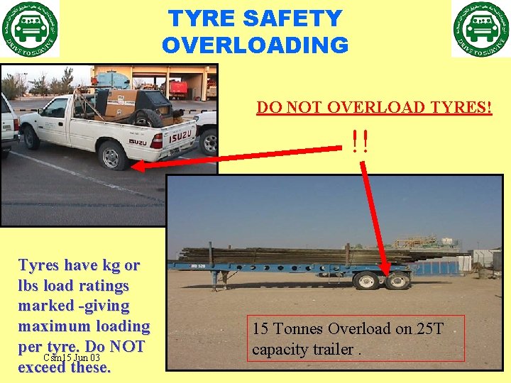 TYRE SAFETY OVERLOADING DO NOT OVERLOAD TYRES! !! Tyres have kg or lbs load