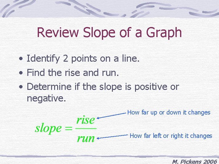 Review Slope of a Graph • Identify 2 points on a line. • Find
