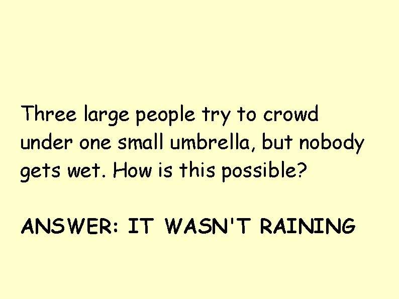Three large people try to crowd under one small umbrella, but nobody gets wet. Three large people try to crowd under one small umbrella, but nobody gets wet.