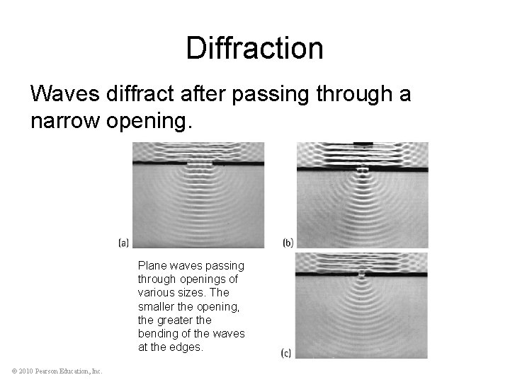 Diffraction Waves diffract after passing through a narrow opening. Plane waves passing through openings