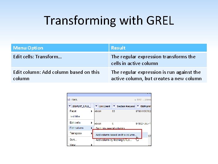 Transforming with GREL Menu Option Result Edit cells: Transform… The regular expression transforms the