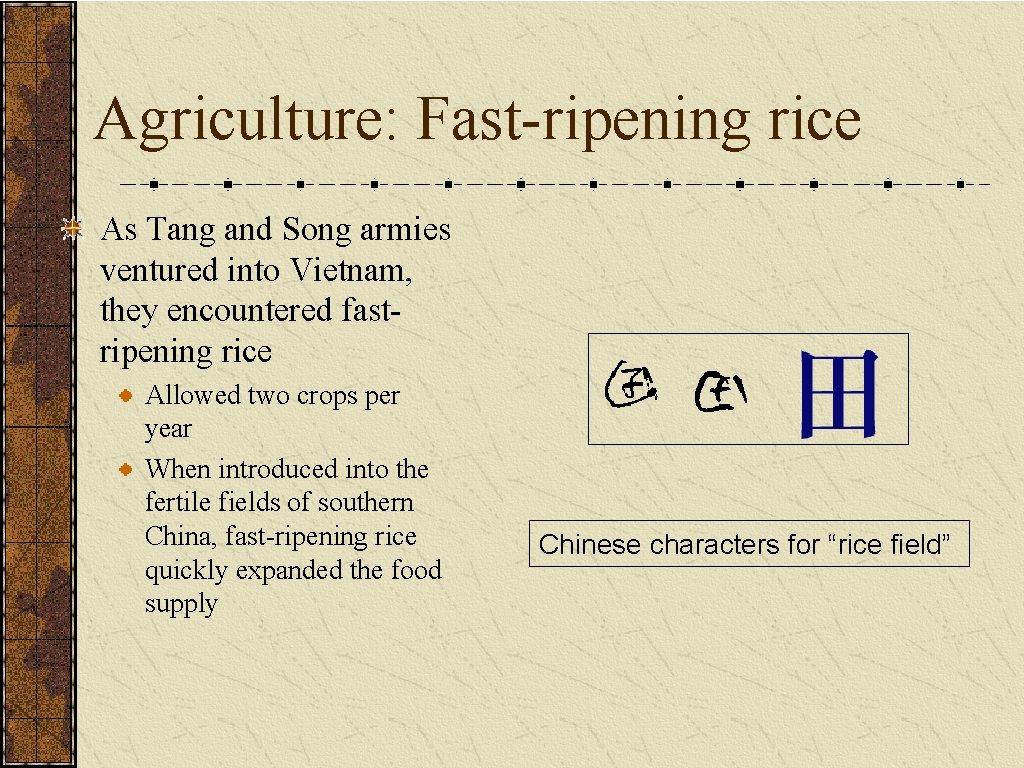 Agriculture: Fast-ripening rice As Tang and Song armies ventured into Vietnam, they encountered fastripening