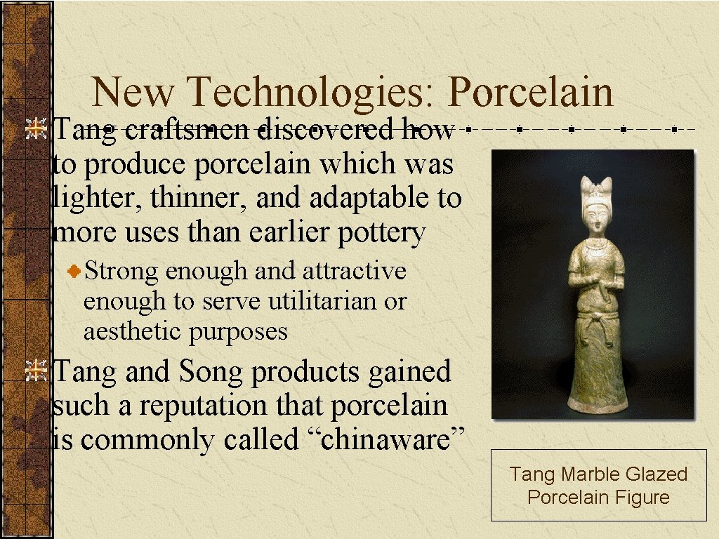 New Technologies: Porcelain Tang craftsmen discovered how to produce porcelain which was lighter, thinner,