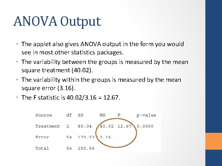 ANOVA Output • The applet also gives ANOVA output in the form you would