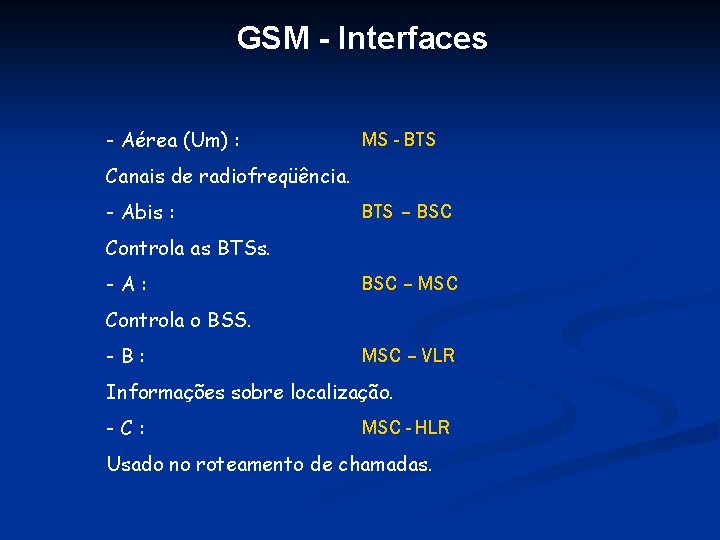 GSM - Interfaces - Aérea (Um) : MS - BTS Canais de radiofreqüência. -