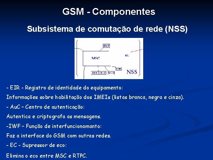 GSM - Componentes Subsistema de comutação de rede (NSS) - EIR - Registro de