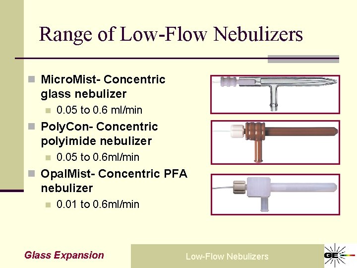 Range of Low-Flow Nebulizers n Micro. Mist- Concentric glass nebulizer n 0. 05 to