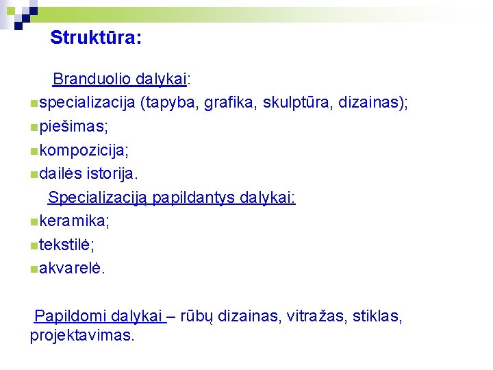 Struktūra: Branduolio dalykai: nspecializacija (tapyba, grafika, skulptūra, dizainas); npiešimas; nkompozicija; ndailės istorija. Specializaciją papildantys