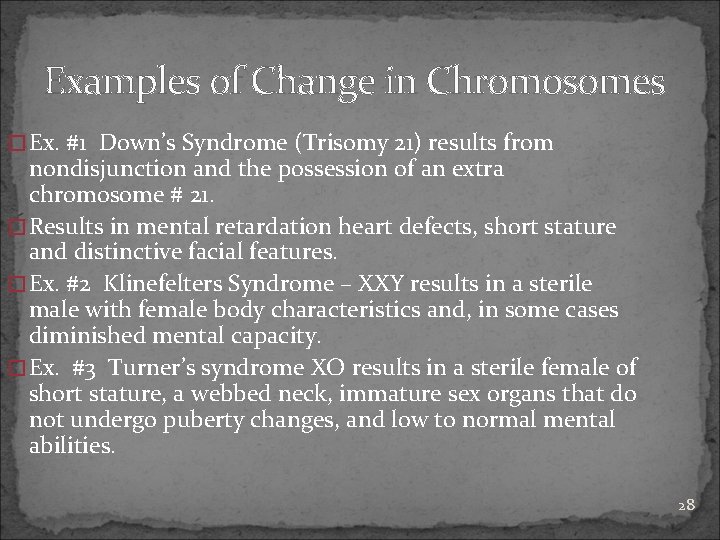 Examples of Change in Chromosomes �Ex. #1 Down’s Syndrome (Trisomy 21) results from nondisjunction