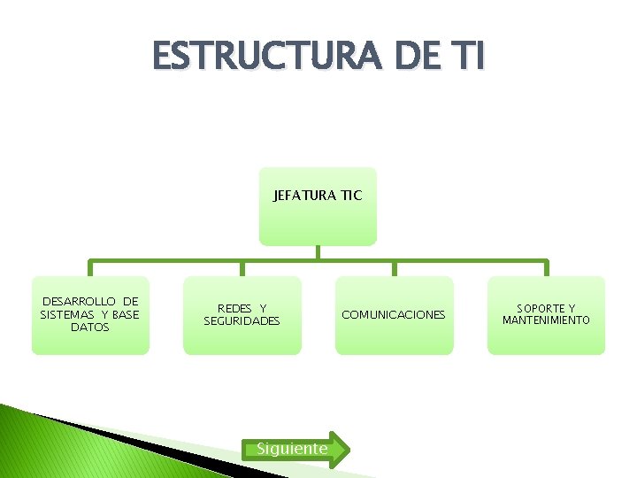 ESTRUCTURA DE TI JEFATURA TIC DESARROLLO DE SISTEMAS Y BASE DATOS REDES Y SEGURIDADES ESTRUCTURA DE TI JEFATURA TIC DESARROLLO DE SISTEMAS Y BASE DATOS REDES Y SEGURIDADES