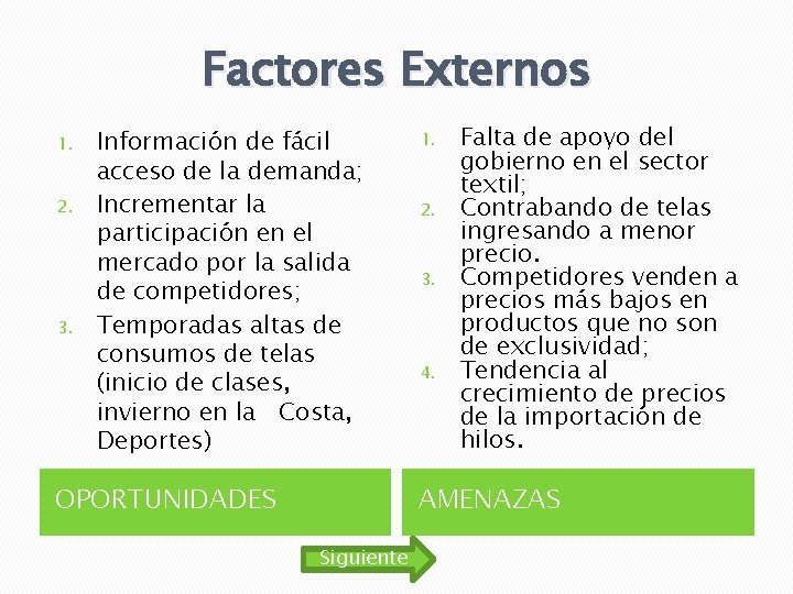 Factores Externos 1. 2. 3. Información de fácil acceso de la demanda; Incrementar la Factores Externos 1. 2. 3. Información de fácil acceso de la demanda; Incrementar la
