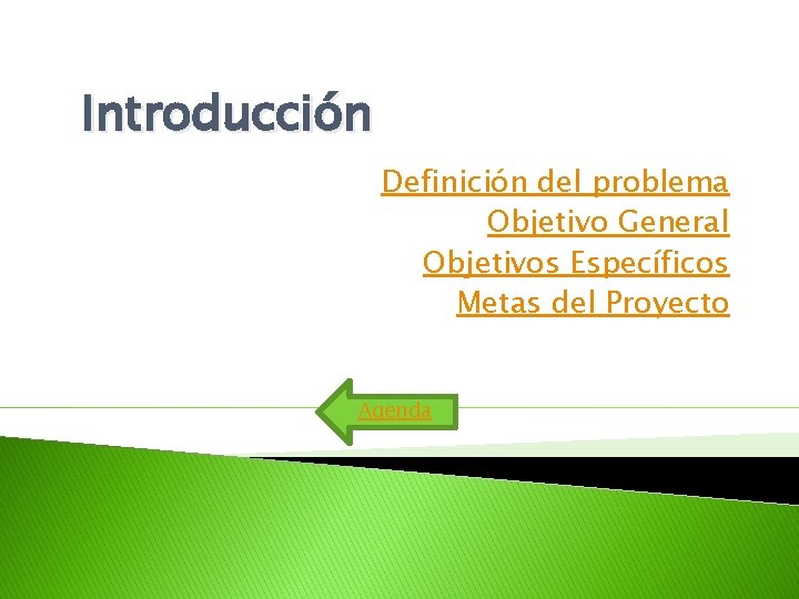 Introducción Definición del problema Objetivo General Objetivos Específicos Metas del Proyecto Agenda Introducción Definición del problema Objetivo General Objetivos Específicos Metas del Proyecto Agenda