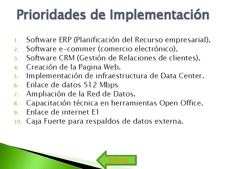 Prioridades de Implementación 1. 2. 3. 4. 5. 6. 7. 8. 9. 10. Software Prioridades de Implementación 1. 2. 3. 4. 5. 6. 7. 8. 9. 10. Software